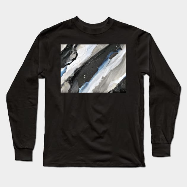 Black Gold Blue and White Abstract Art Long Sleeve T-Shirt by MyAbstractInk